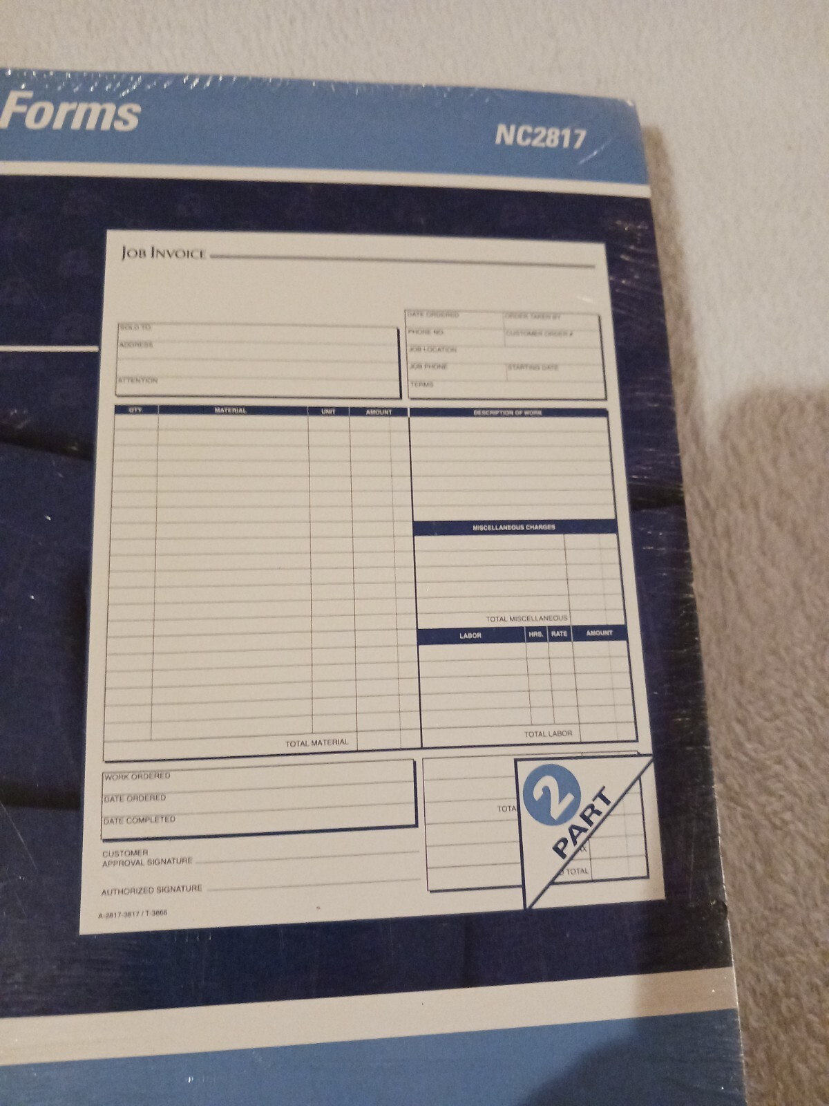 Adams NC2817 Carbonless Job Invoice 2-Part Corbels 100 St./BK