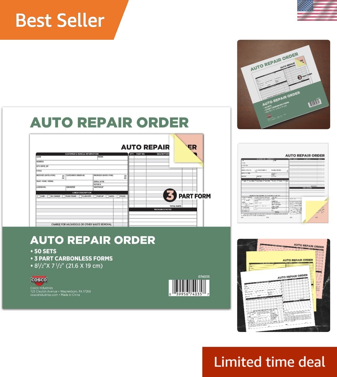 Auto Repair Order Forms, 3-Part, Carbonless, 50-Pack, White and Canary (074035)