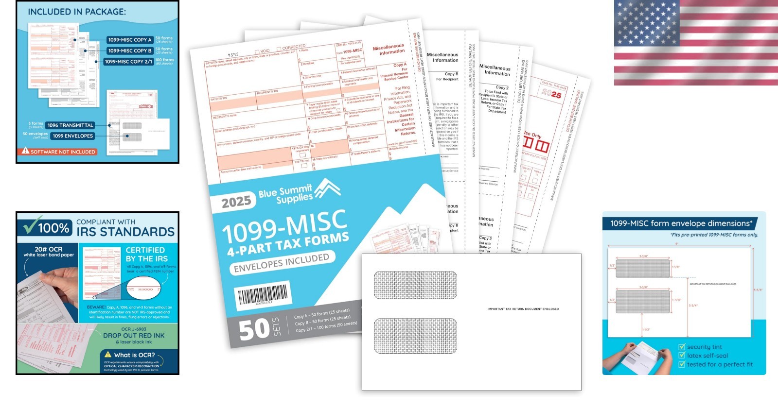 Complete 2025 1099 MISC Tax Forms Kit with Self-Seal Envelopes – 50 Included