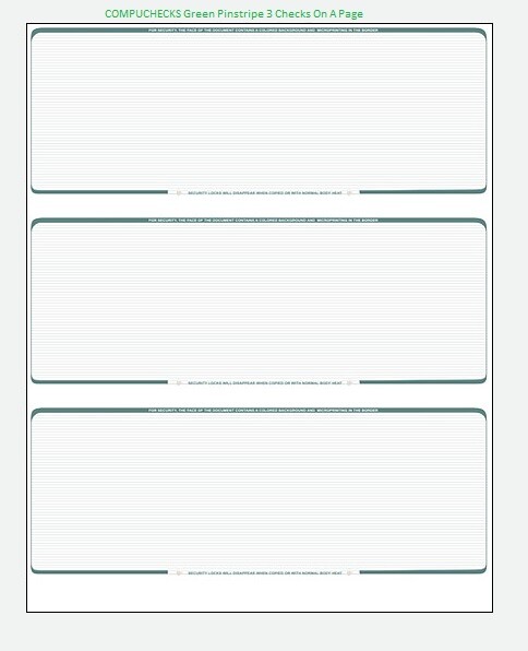 250 Blank Check Stock Paper – 3 On A Page Business Check paper – Green Pinstripe