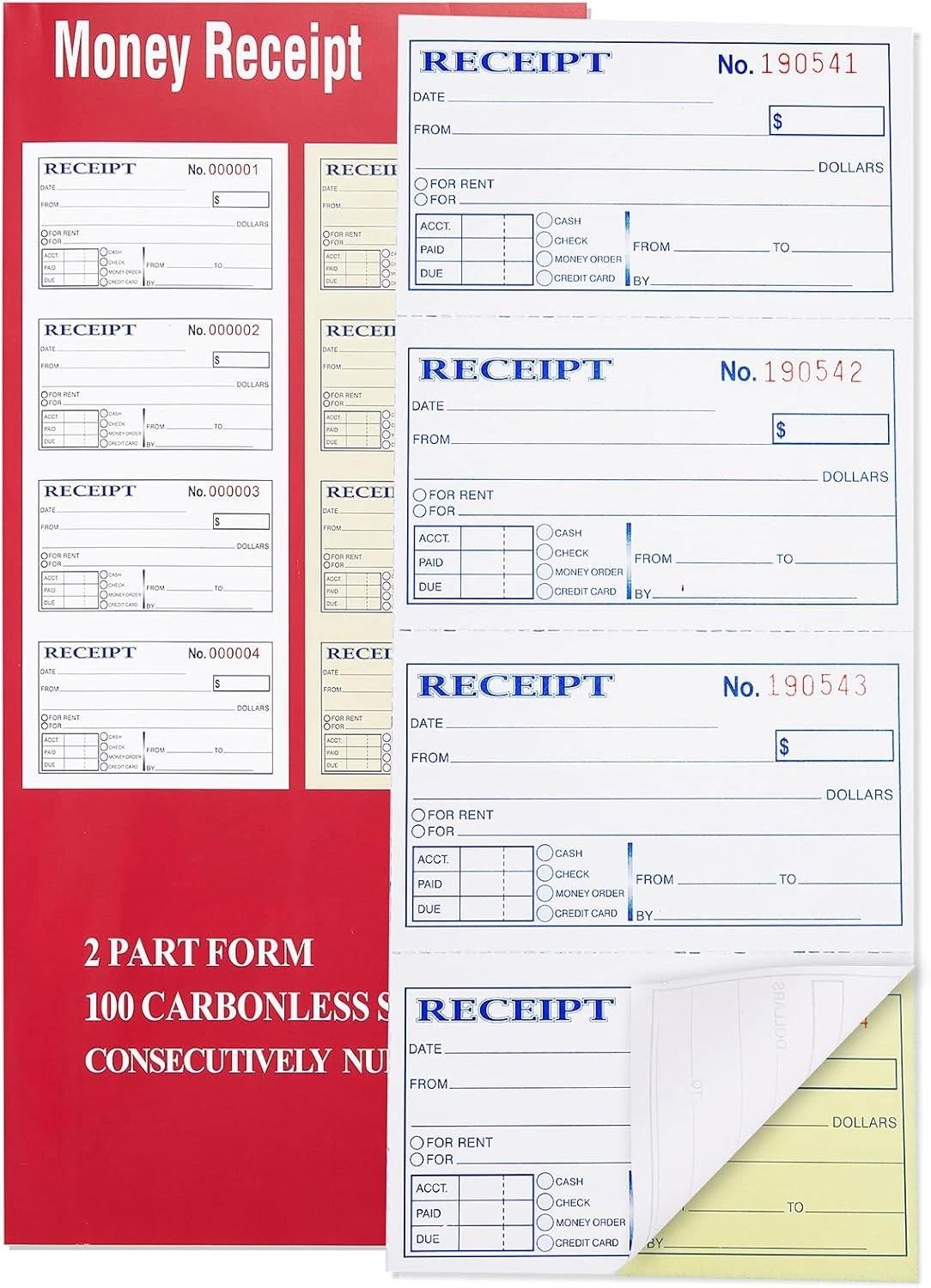 Receipt Book with Carbon Copies, 2-part Carbonless, 100 Sets Per Book, 4 Receipt