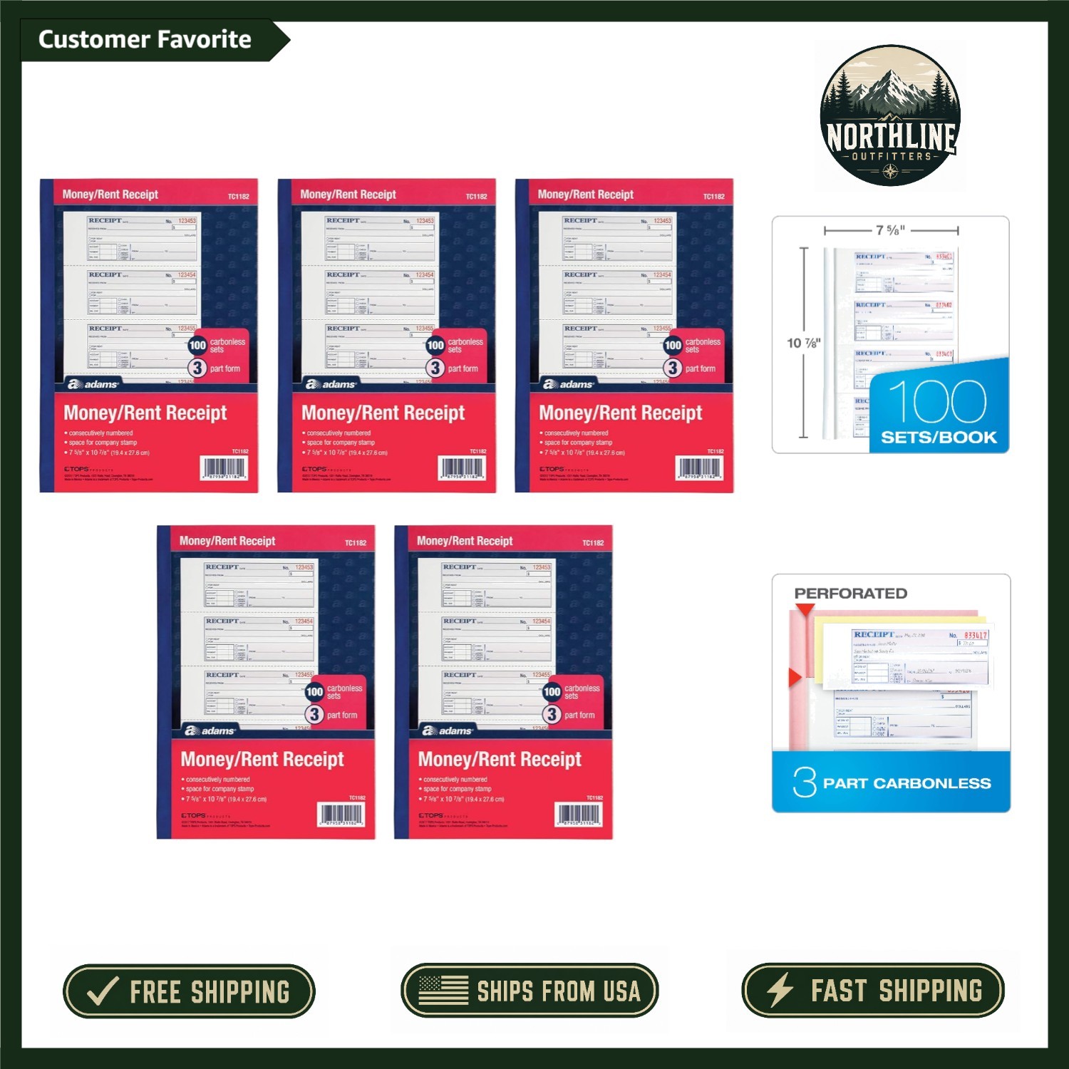 Efficient 3-Part Carbonless Receipt Books – 5 Pack, 100 Sets, Convenient Size