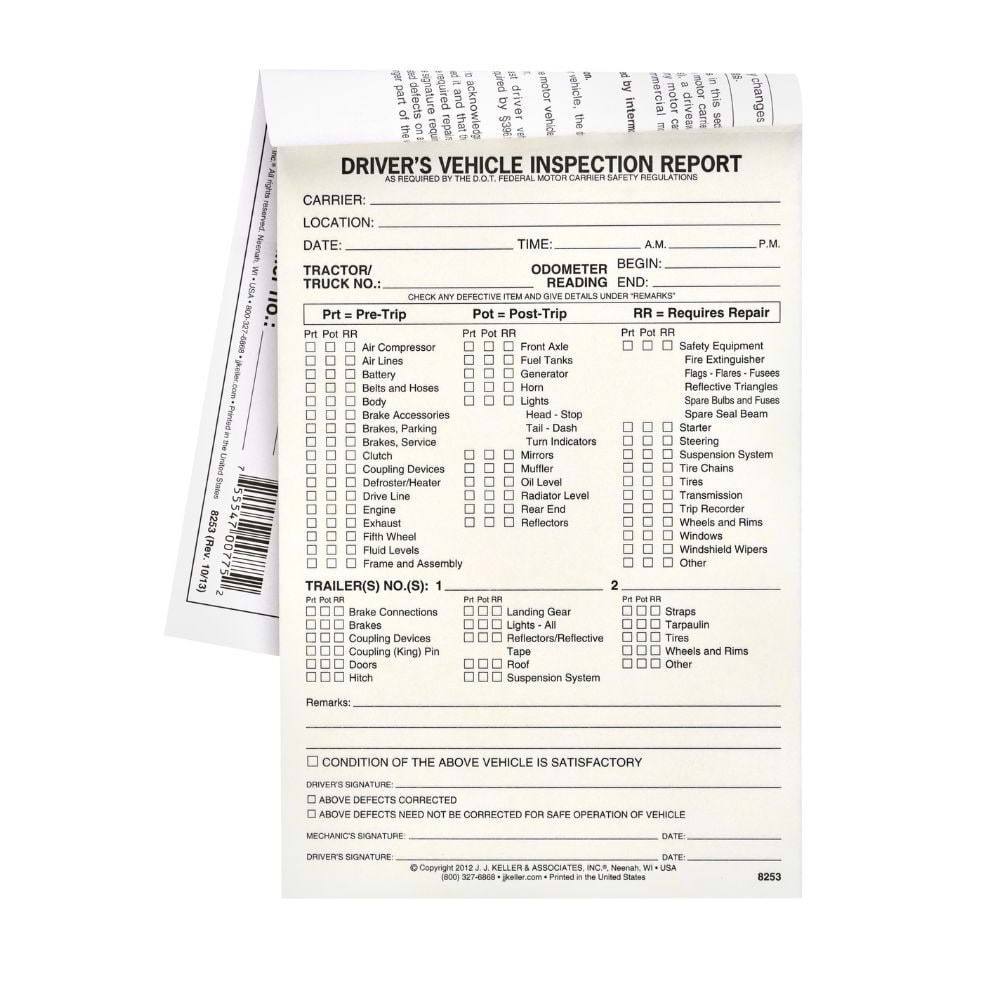 J. J. Keller Detailed Pre- & Post-Trip DVIR Book 10-pk., 2-Ply Carbonless, 5.5″