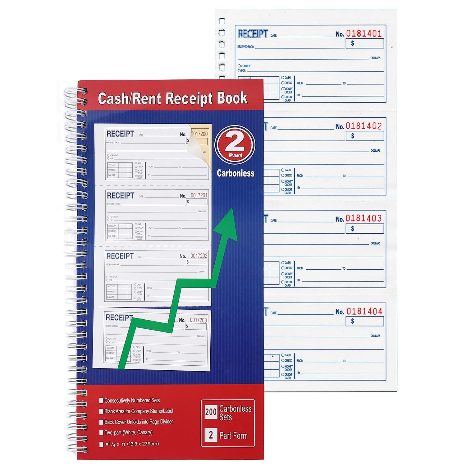 Cash Receipt Book, 200 Sets, 2-Part Carbonless, 5-1/4″ x 11″, Spiral Bound, W…