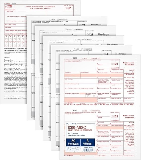 (10) TOPS 1099 MISC 2-UP FORMS + ADAMS 1099 NEC 3-UP CONTINUOUS TAX FORMS 2021