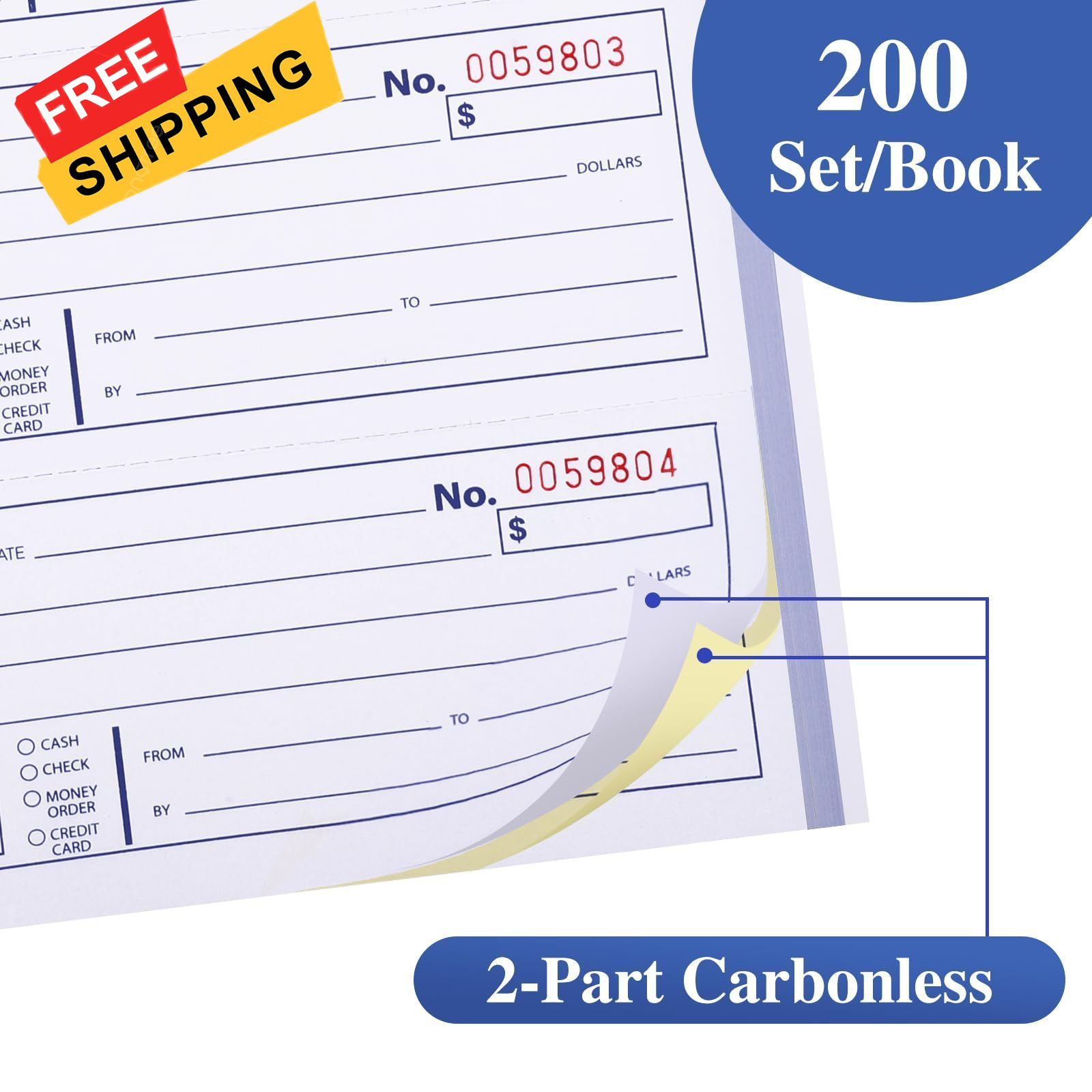 2 Pack Receipt Books with Carbon Copies, Rent Book, 2-Part Blue+red