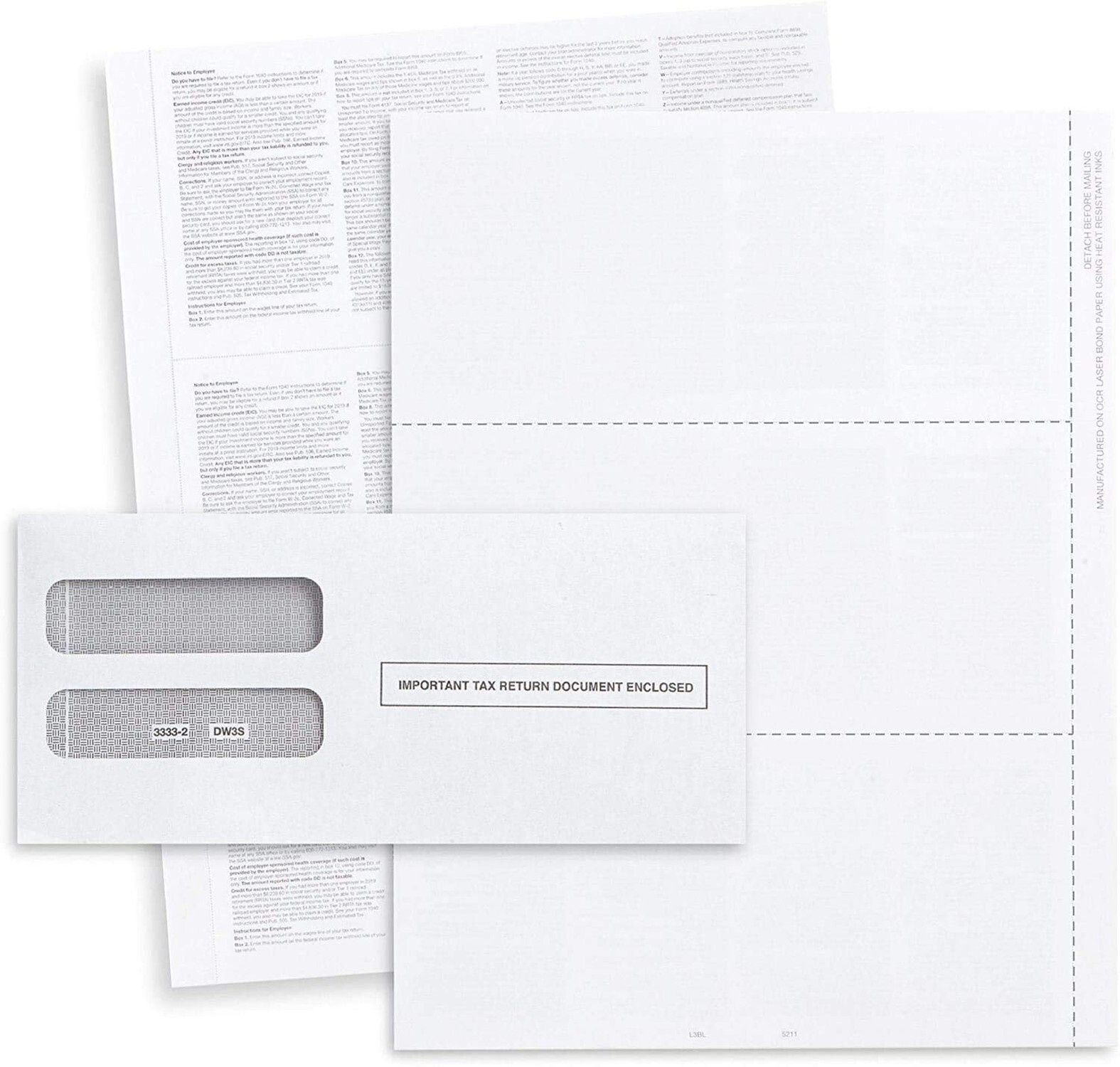 2023 W-2 Blank 3-Up Laser Tax Form, With Back Instructions, and Self-Seal Env…