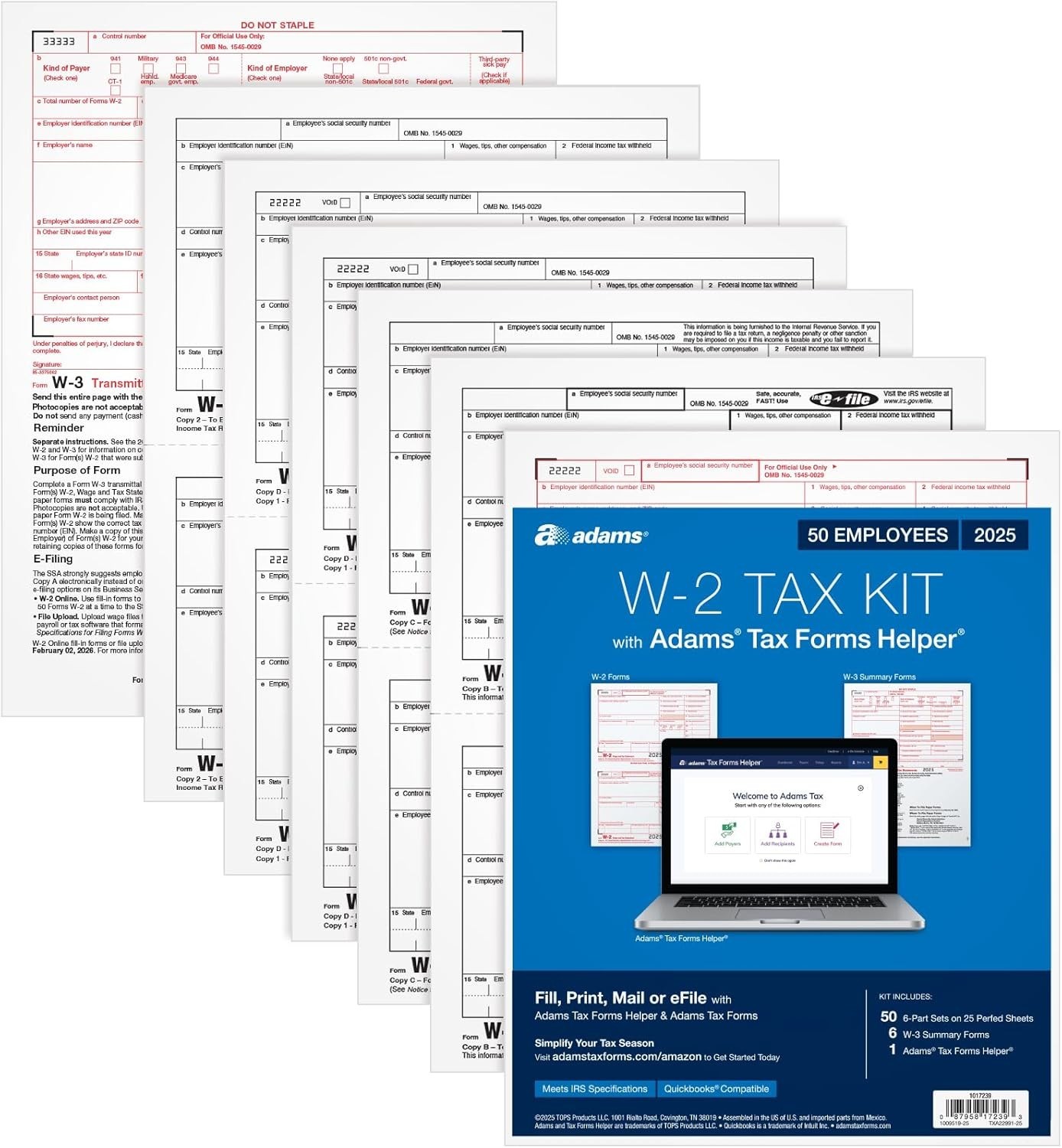 Adams W-2 Forms 2025, 6-Part Kit for 50 Recipients, Includes 6 W-3 Forms,…