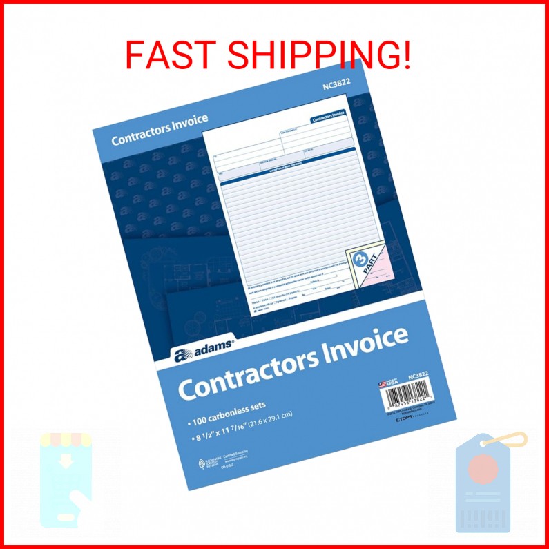 Adams Contractor Invoice Forms, 8.5 x 11.44 Inch, 3-Part, Carbonless, 100-Pack,