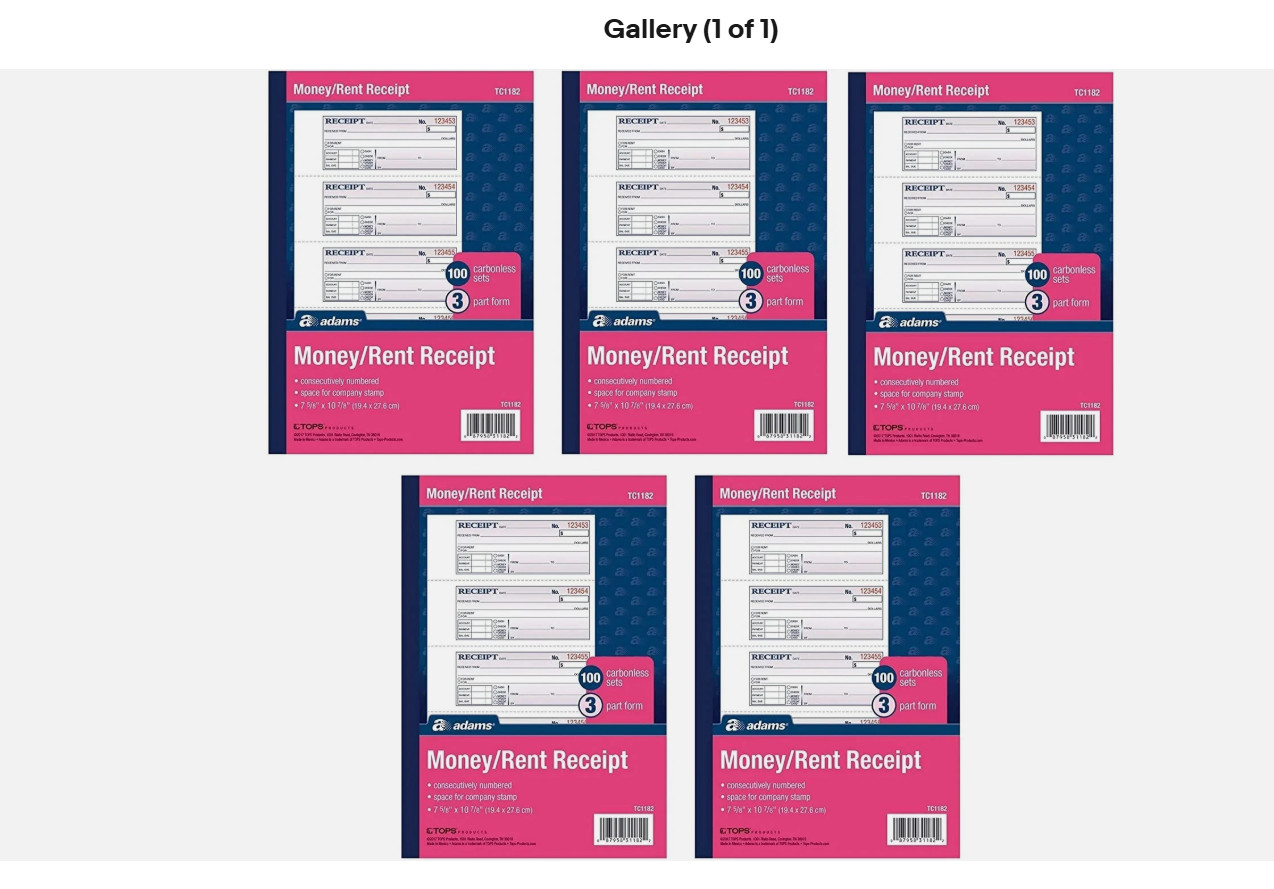 Adams TC1182 Money and Rent Receipt Books, 3-Part Carbonless, 7-5/8 x 10-7/8 NIB