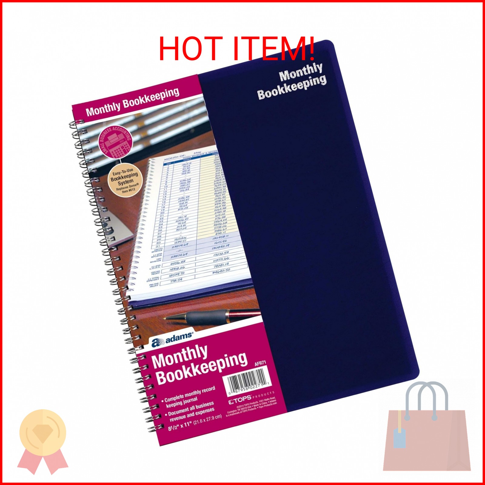 Adams Monthly Bookkeeping Record Book – 8.5″ x 11″ Spiral Bound 4 Column Ledger