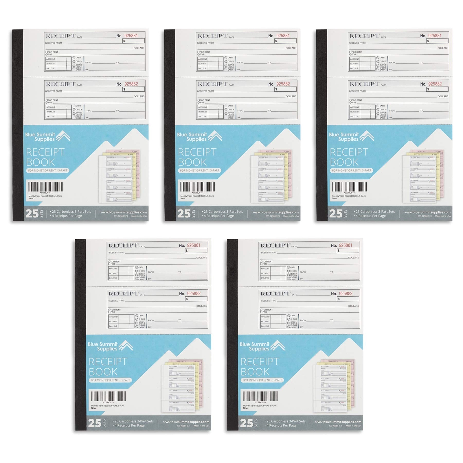 Blue Summit Supplies Triplicate Receipt Book, 100 per Book, 500 Total, 5 Pack…