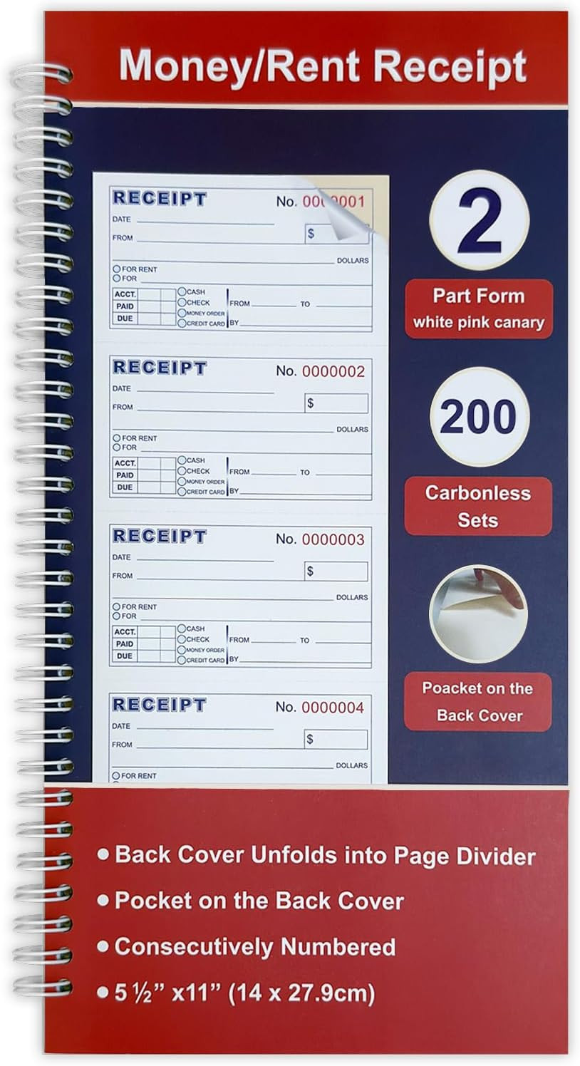 Carbonless Money & Rent Receipt Book – 200 Sets, Spiral Bound, 5.5″x11″