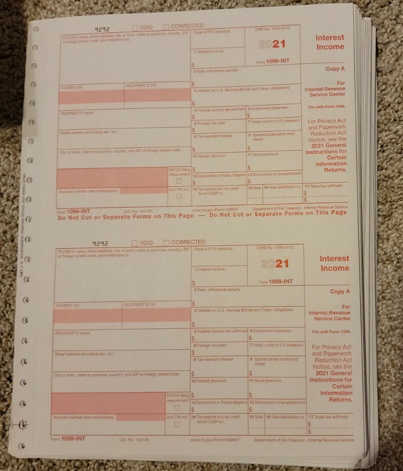 2021 IRS Tax Form 1099-INT single sheet set for 2 recipients carbonless 5-pt 2up