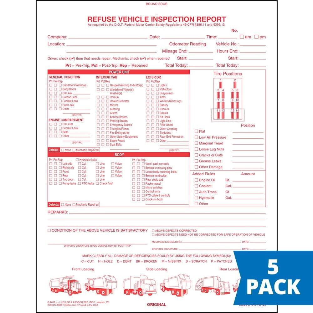 Refuse Truck Driver’s Vehicle Inspection Report 5-pk. – Book Format with 31 S…