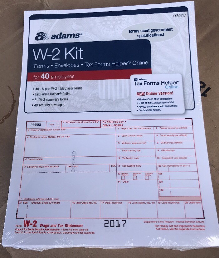 2017 ADAMS W-2 KIT 6-PART INKJET/LASER FORMS FOR 40 EMPLOYEES