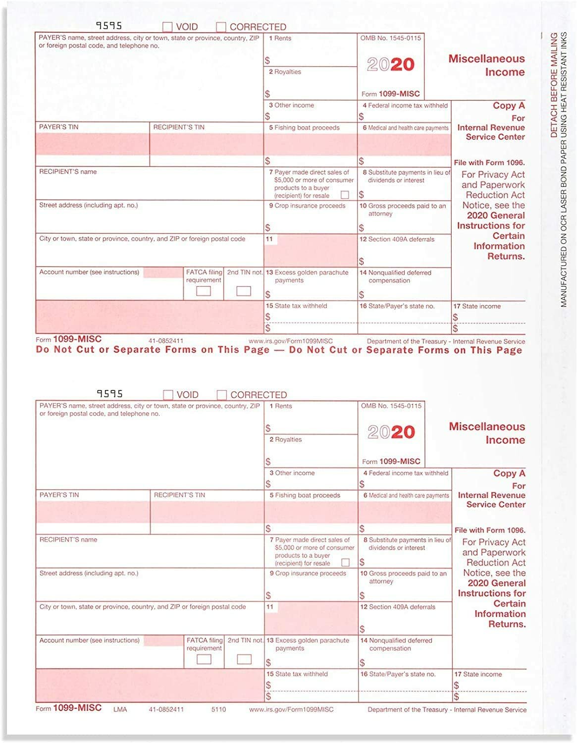 Tops 2020 1099-MISC Tax Kit and 1096, Laser Tax for 50 Recipients (Vendors)