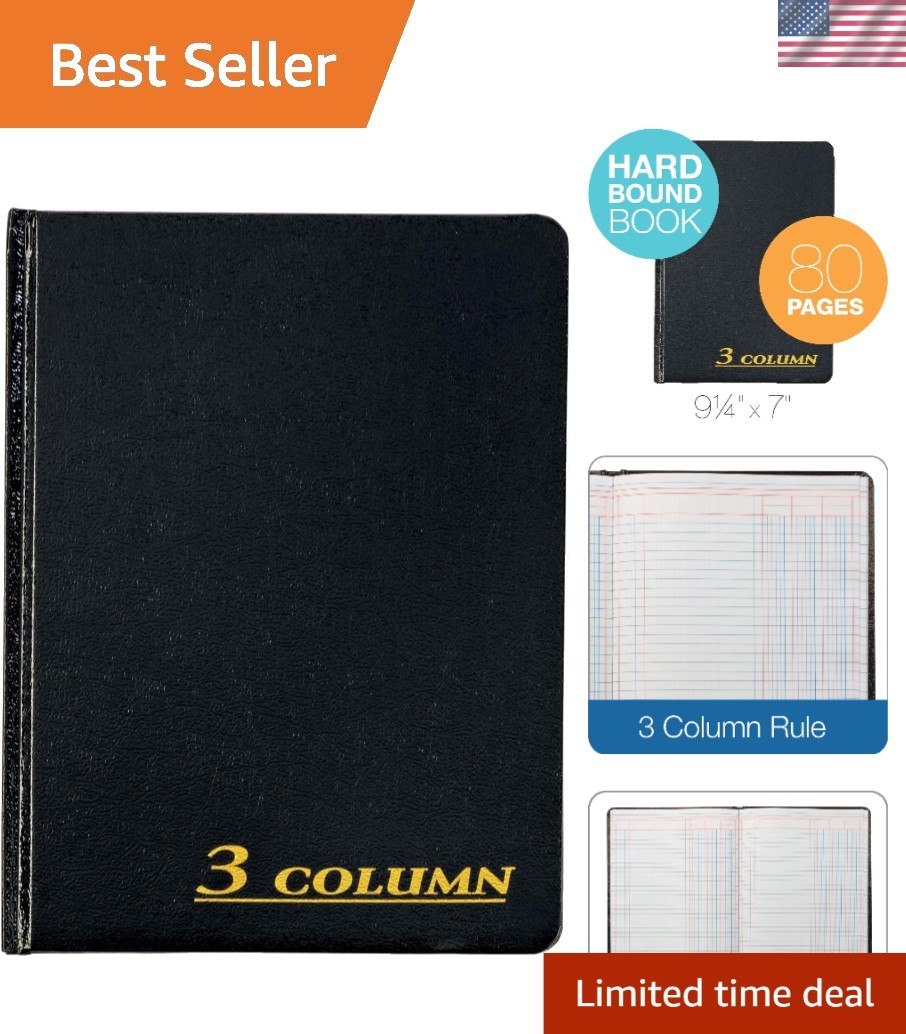 Account Book, 7 x 9.25 Inches, Black, 3-Columns, 80 Pages