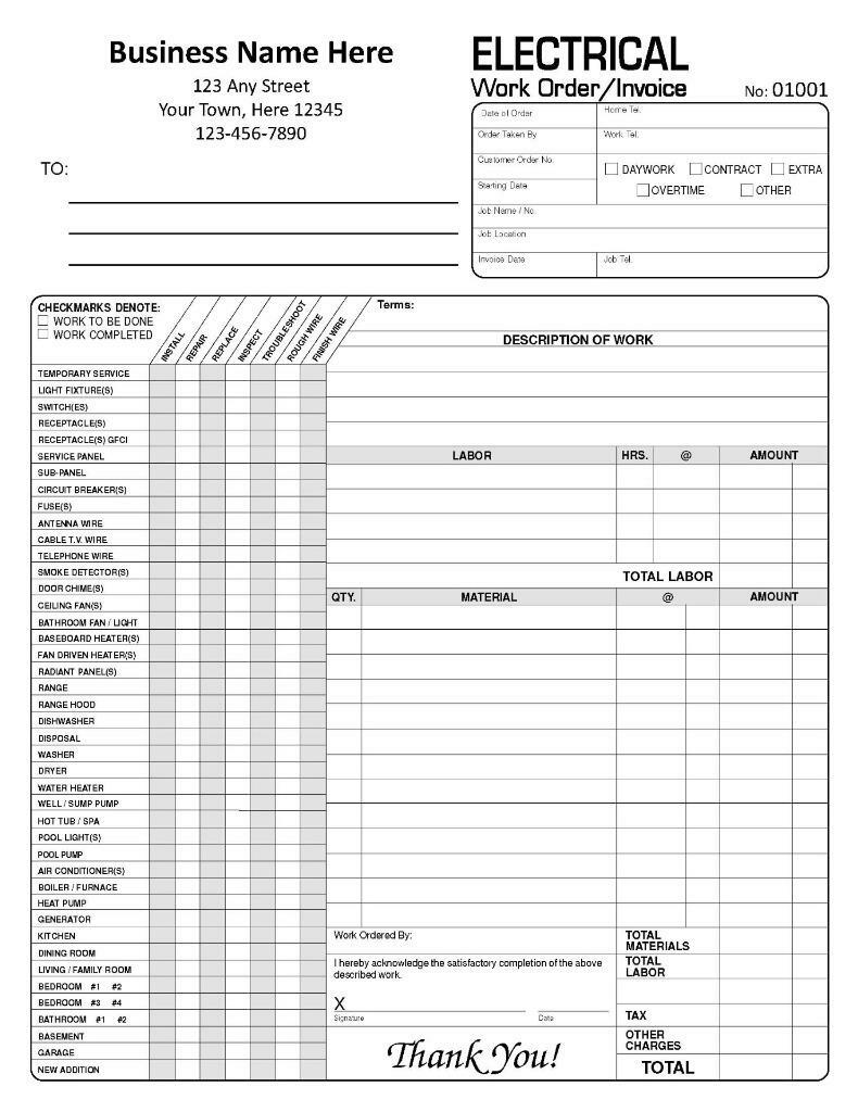 100 Custom Electrical Work Order Invoices / 2 Part Carbonless / 8.5 x 11 TMG008