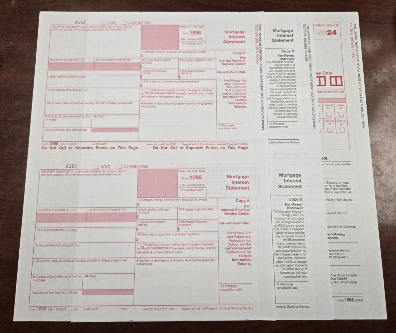 2024 Tax Form 1098 Mortgage Interest 6 Recipients 2 Pt + (1) 1096 – No Envelope