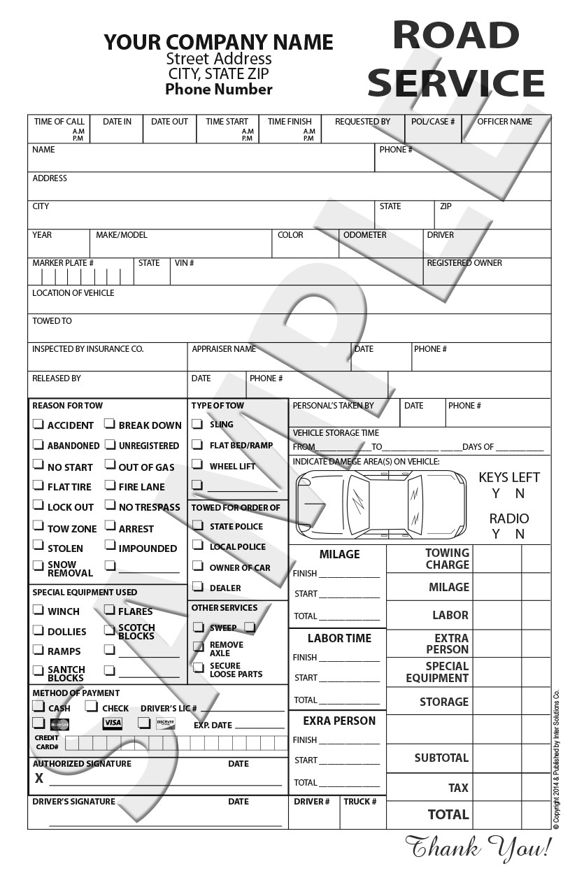 250 Custom Carbonless Form/Invoice Road Service, Towing, Accident, Service