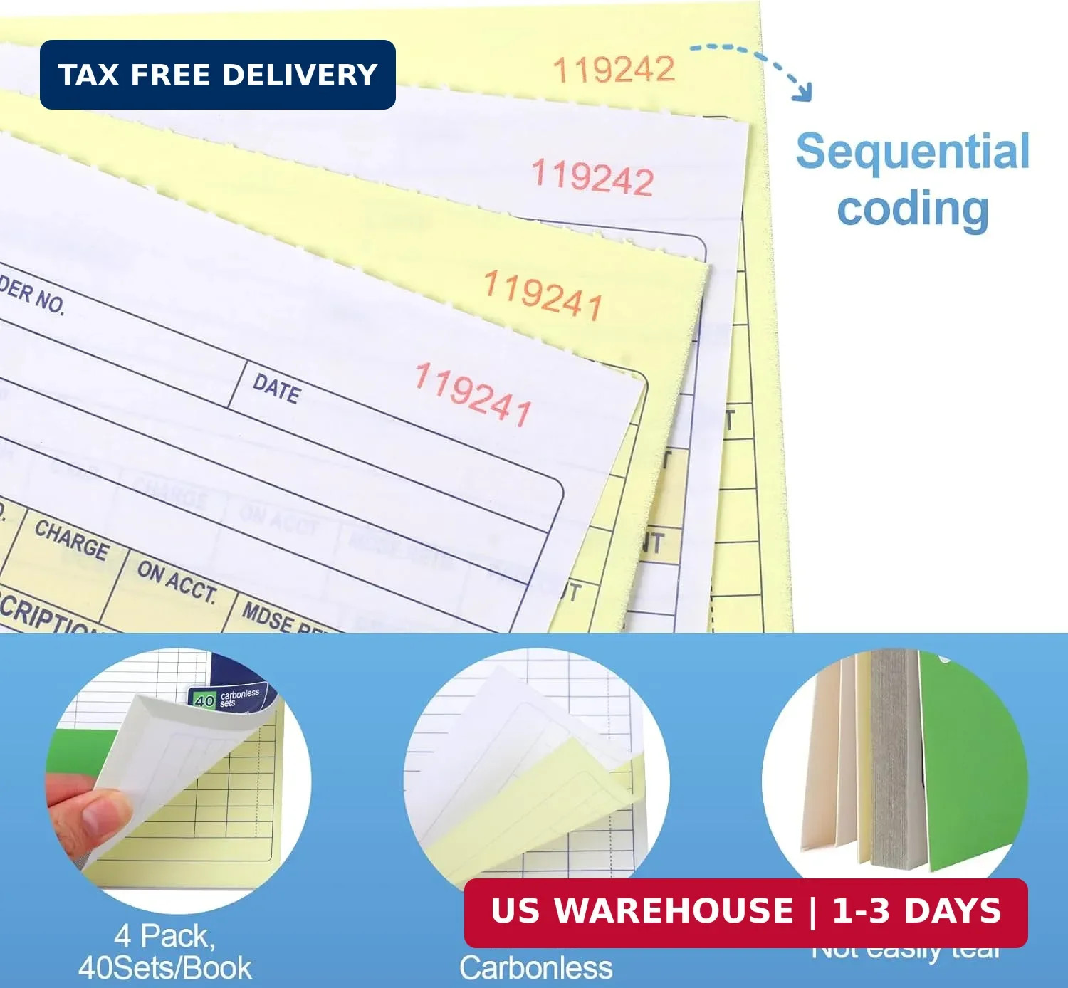 Joyberg 4 Pack Sales Order Book, 4.17inx7.2in Receipt Book with Carbon Copies, 2