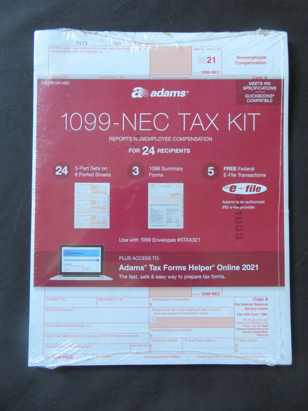 2021 Adams 1099-NEC Tax Kit 24 5-Part Sets 3 1096 Summary Forms 5 Free e-Files