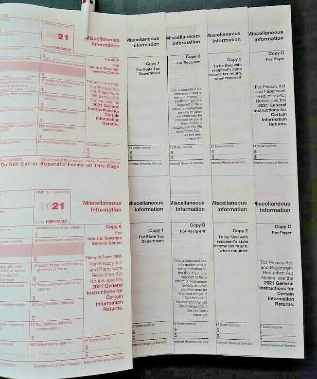 2021: 5 SHEETS 1099-MISC IRS Miscellaneous Income Tax & 3=1096 Transmittal Forms