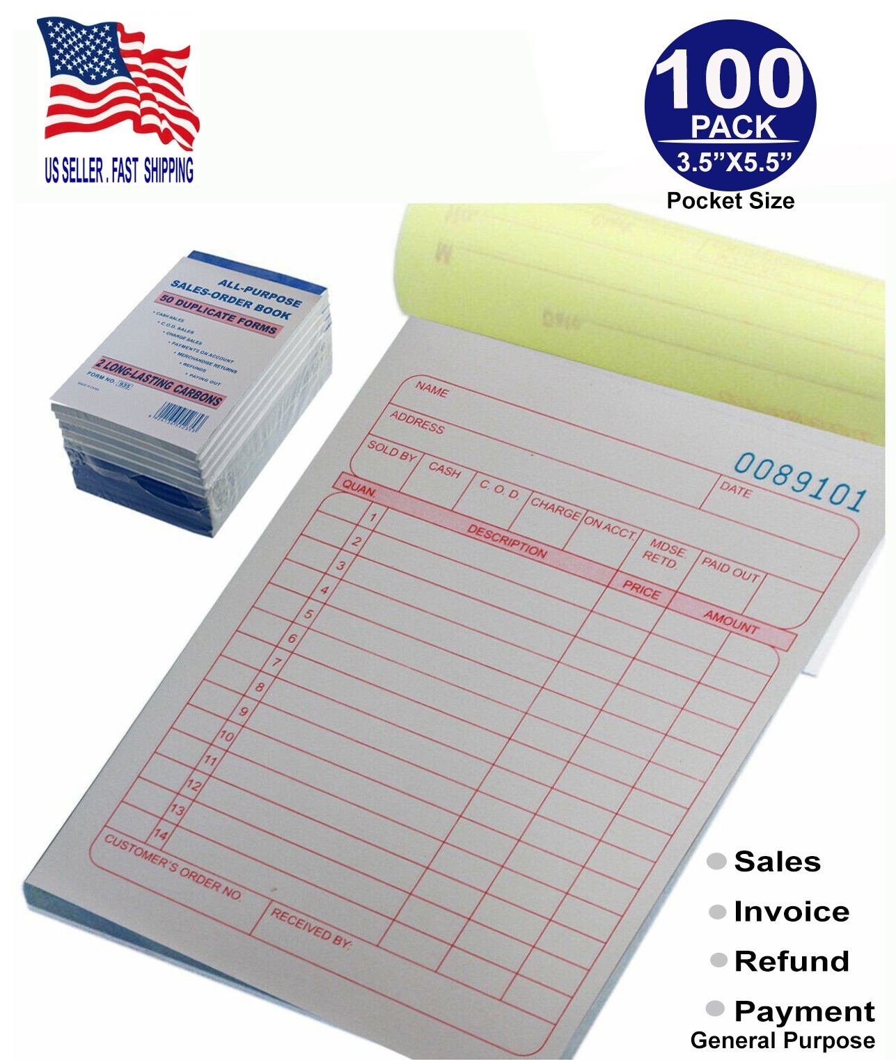 100 Pack – Sales Book Order Receipt Invoice Carbonless Copy 50 Sets 3.5″ X 5.5″
