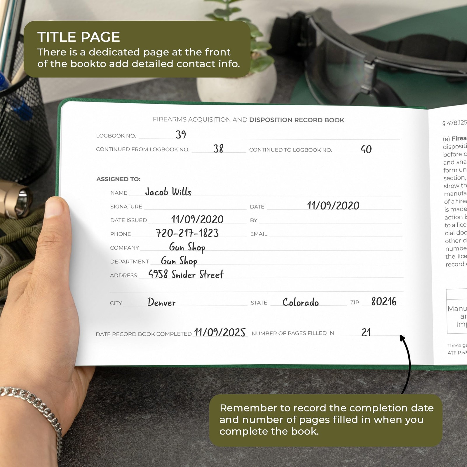 Clever Fox Firearms Record Book – Smaller Than A4 (10″ x 7″), Dark Green