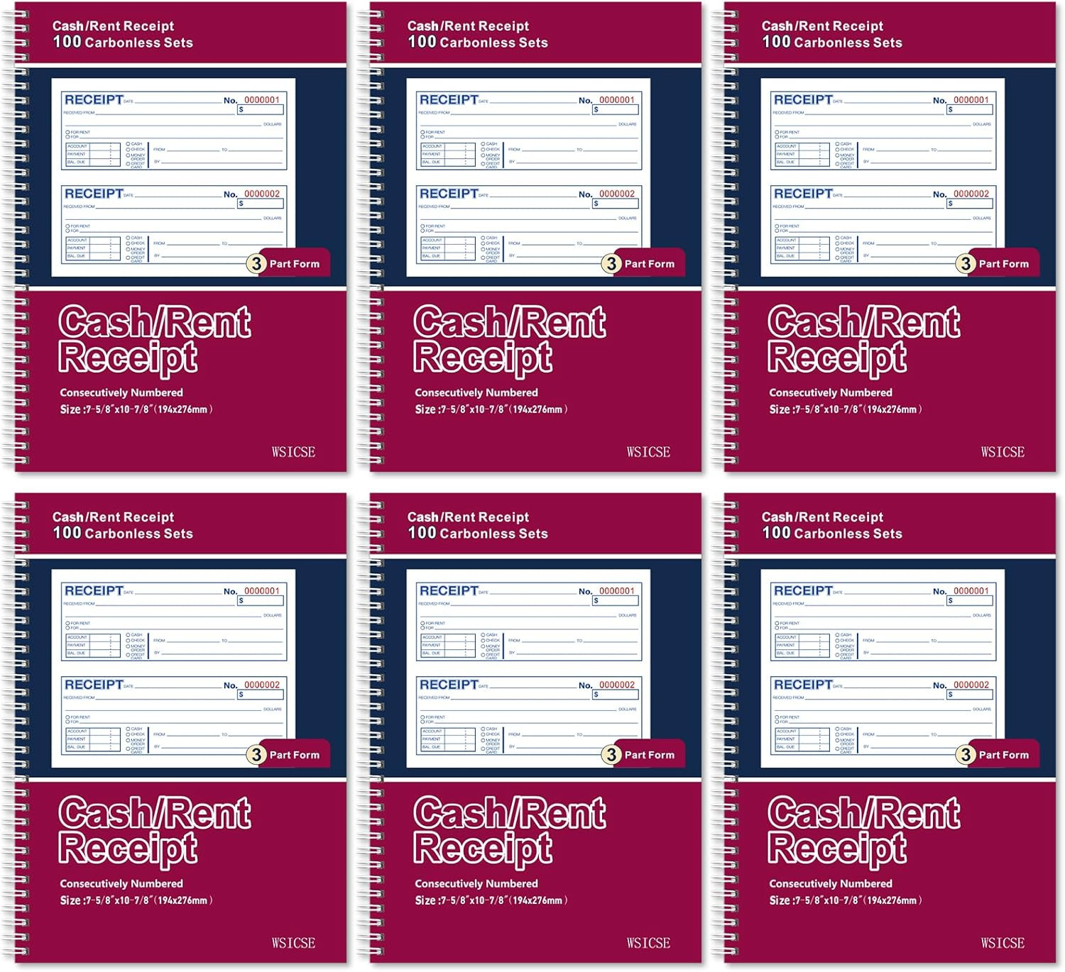 6 Pack Receipt Books,7-5/8″ x 10-7/8″ Receipt Book with Carbon Copies Spiral Bou