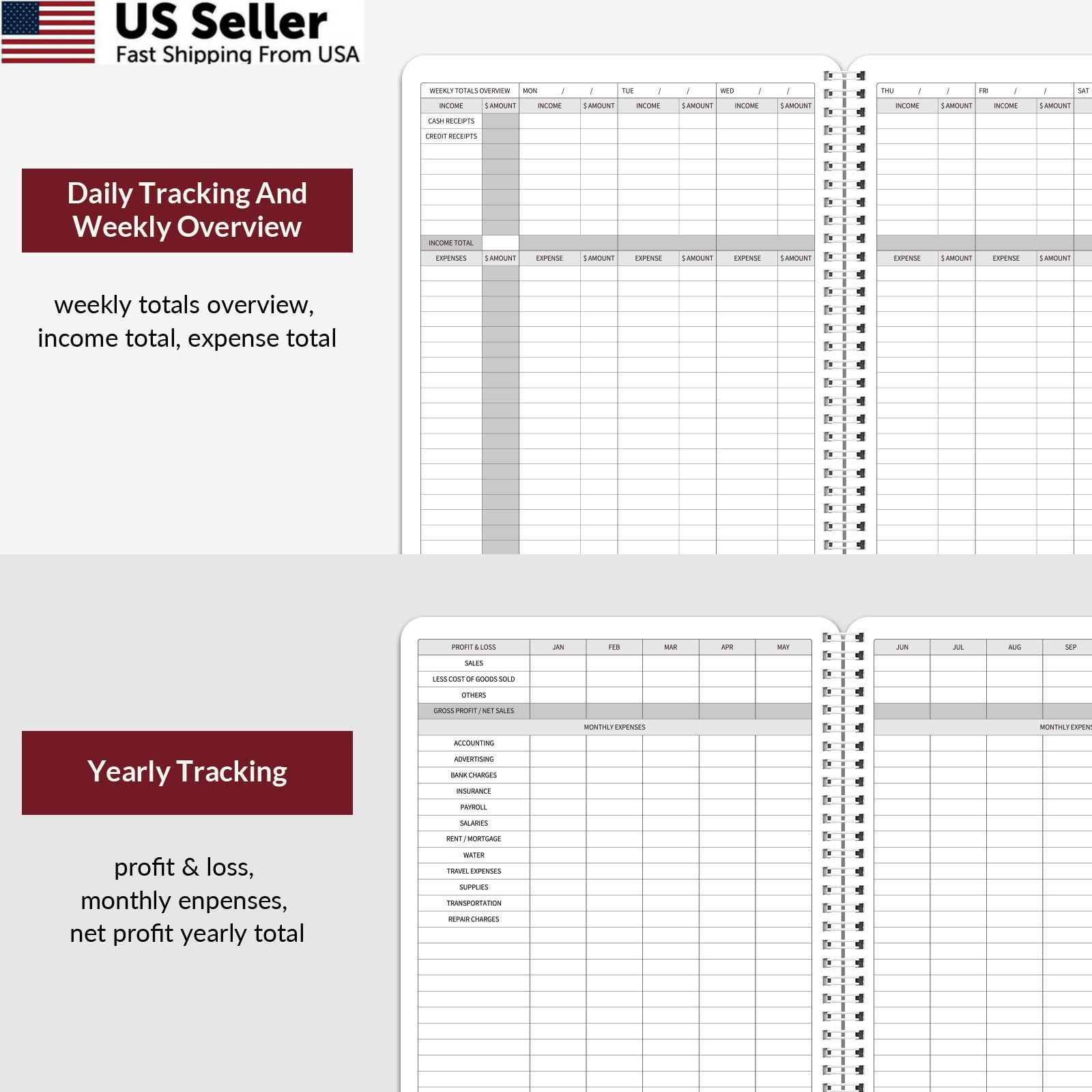 Income Expense Log Book Business Ledger Accounting Tracker 8.5×10.5 Red USA