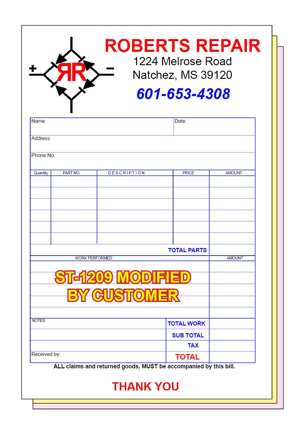 SALES INVOICE CUSTOM PRINTED 2 or 3 Part Carbonless