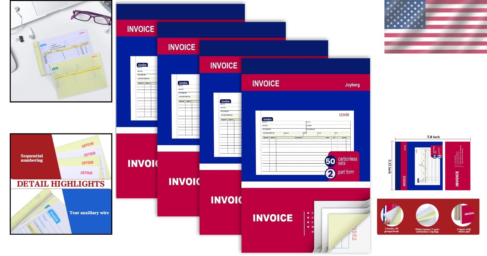 4 Packs Invoice Book for Small Business 2-Part Carbonless, 4P, White/Canary