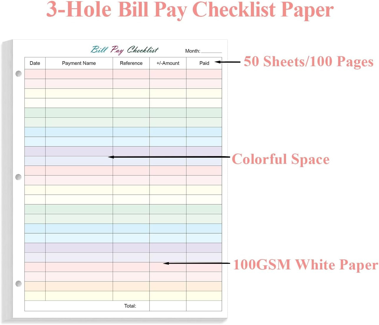 A4 Bill Payment Checklist Refills Paper – 3-Hole Punched Loose Leaf Budget Plann