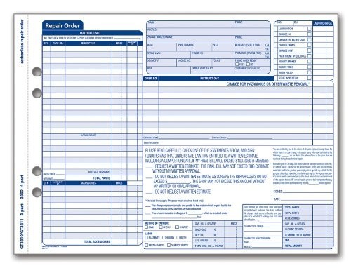 Garage Repair Order Forms – 3 Part, 50 Sets, 8.5×11.44″, White & Canary Paper