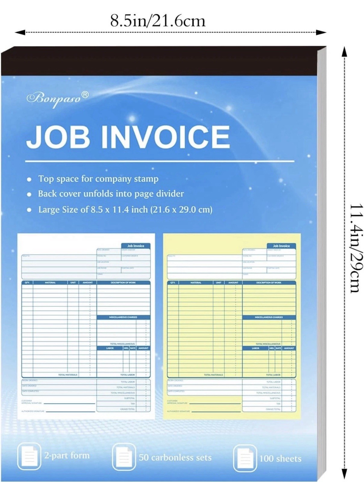 Large Job Work Order Forms, Job Invoice Forms/Receipt Book with Carbonless Copie