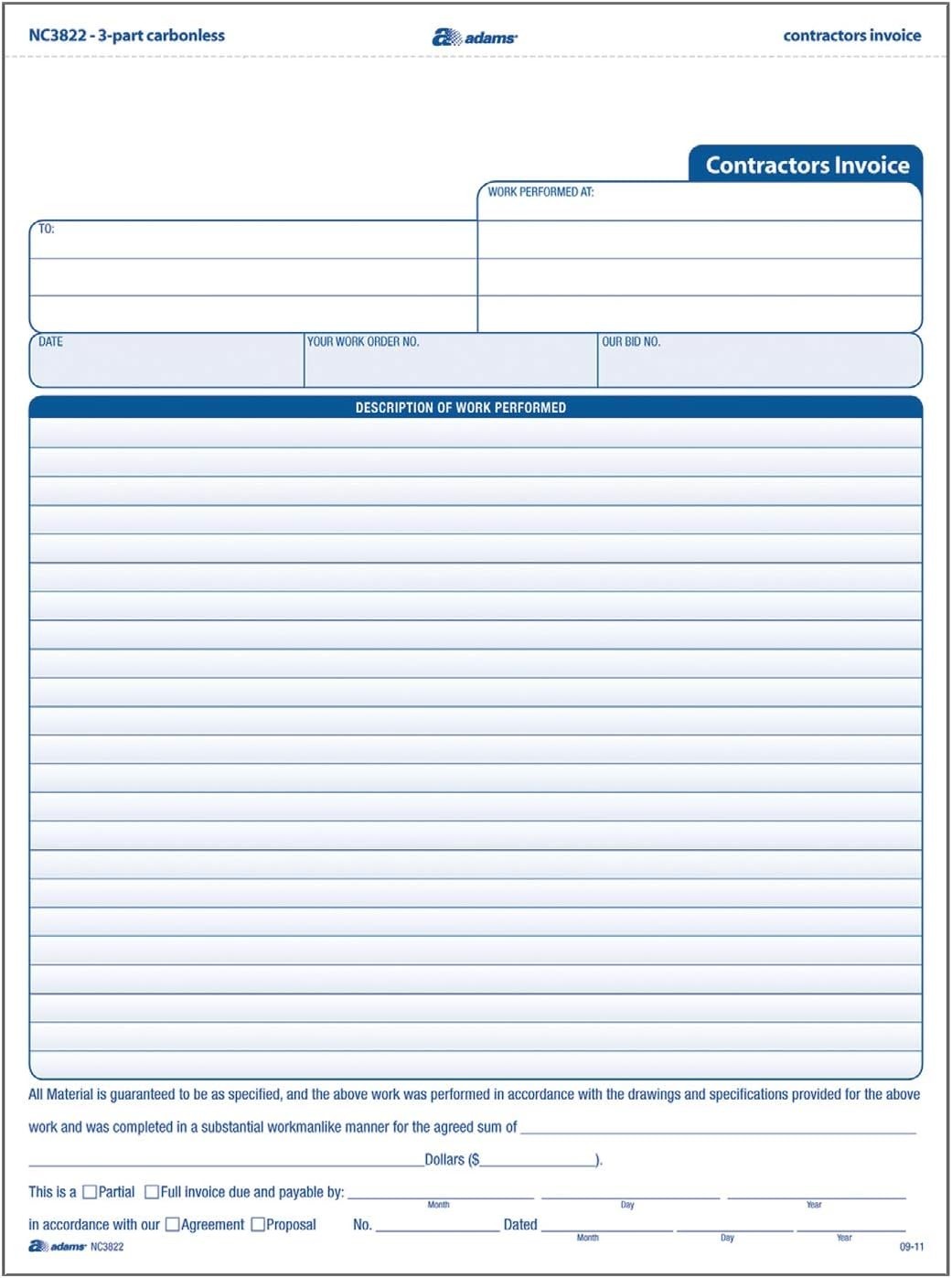 100 Carbonless Contractor Invoice Forms – Detailed & Easy Payment Instructions