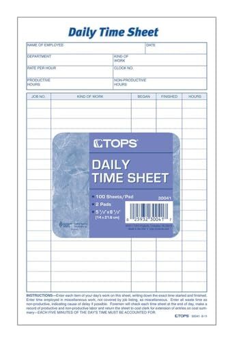 Daily Employee Time And Job Sheet, 6 x 9.5 Inches, 100 Sheets per Pad, 2