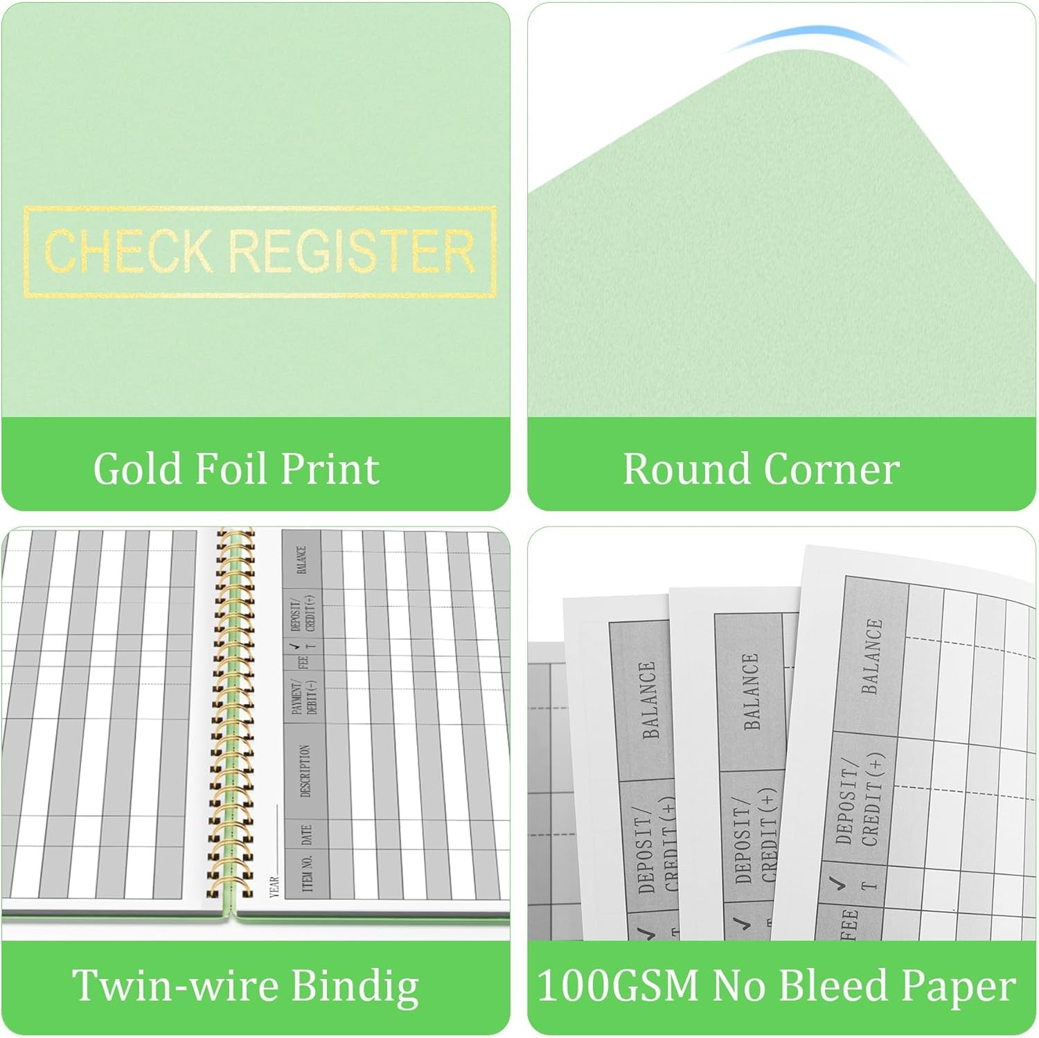 HAUTOCO Check Registers for Personal Checkbook, Transaction Expense Green