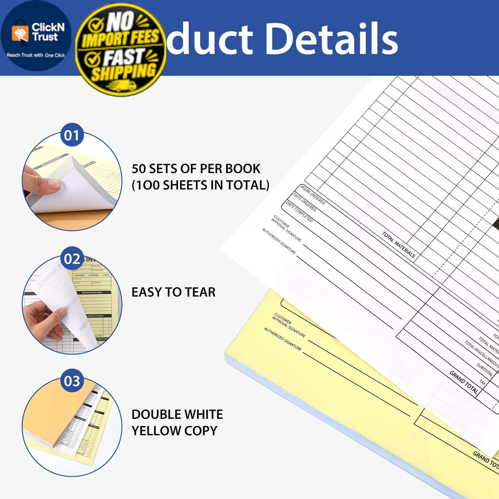 Carbonless Work Order Forms & 7.5 x 11 Inches Invoice Book, 50 x 11 inch