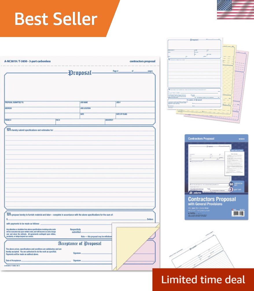 Efficient 50-Pack Contractor Proposal Forms – 3-Part, Color-Coded Convenience