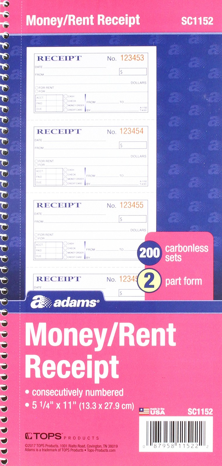 Adams SC1152PK Money Receipt Book,Spiral,2-Part,5 1/4 inches x 11 Yellow