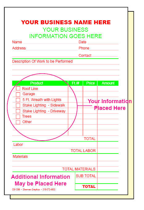 CHRISTMAS LIGHTS INSTALLATION INVOICE Custom Printed Carbonless Forms