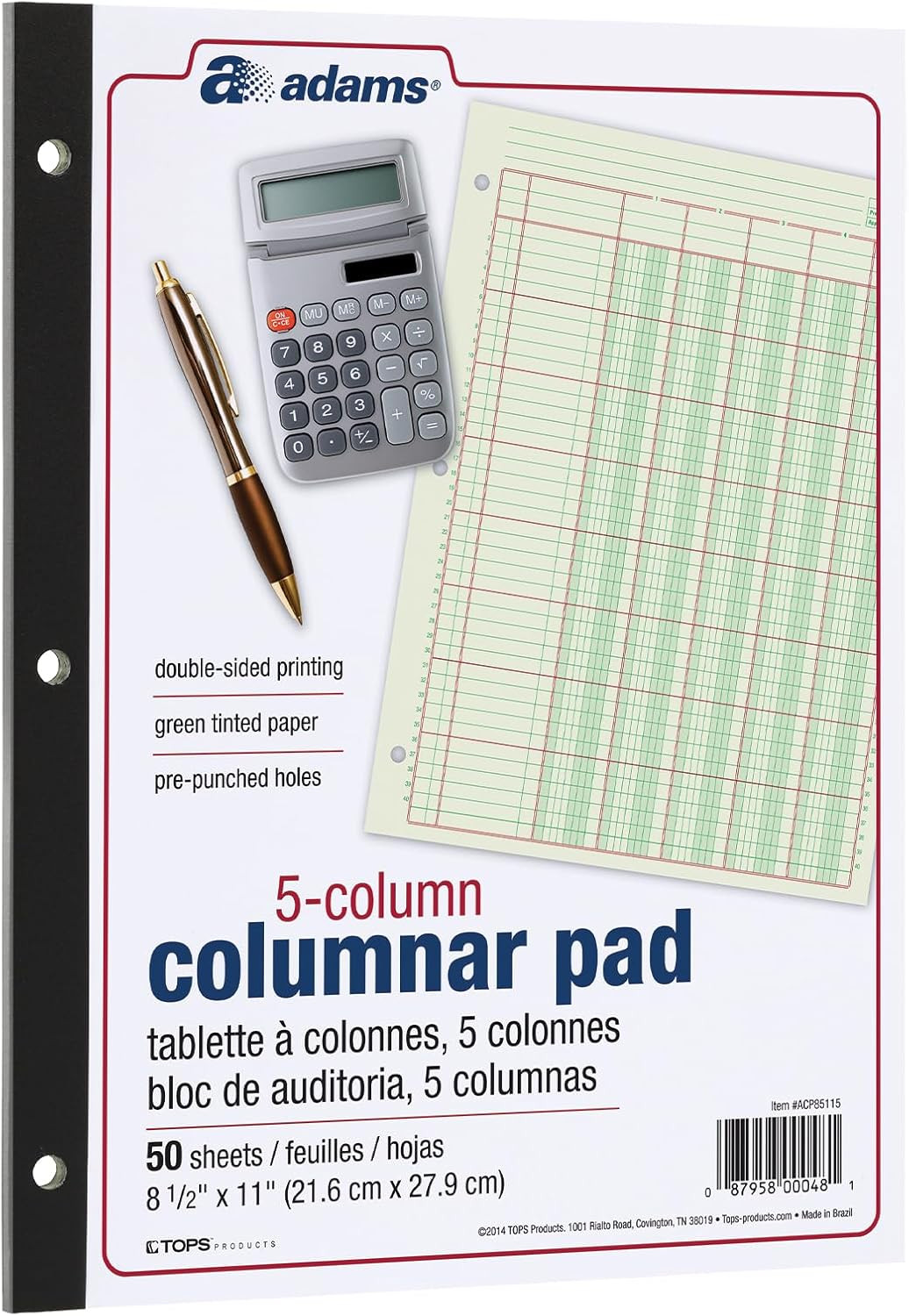 Columnar Analysis Pad, 5 Column Ledger, 8.5″ x 11″, 100 Pages (50 Sheets), Green