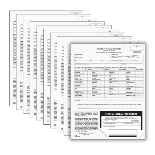 10-Pack Annual Inspection Forms with Labels, 2-Ply Carbonless, DOT Compliant