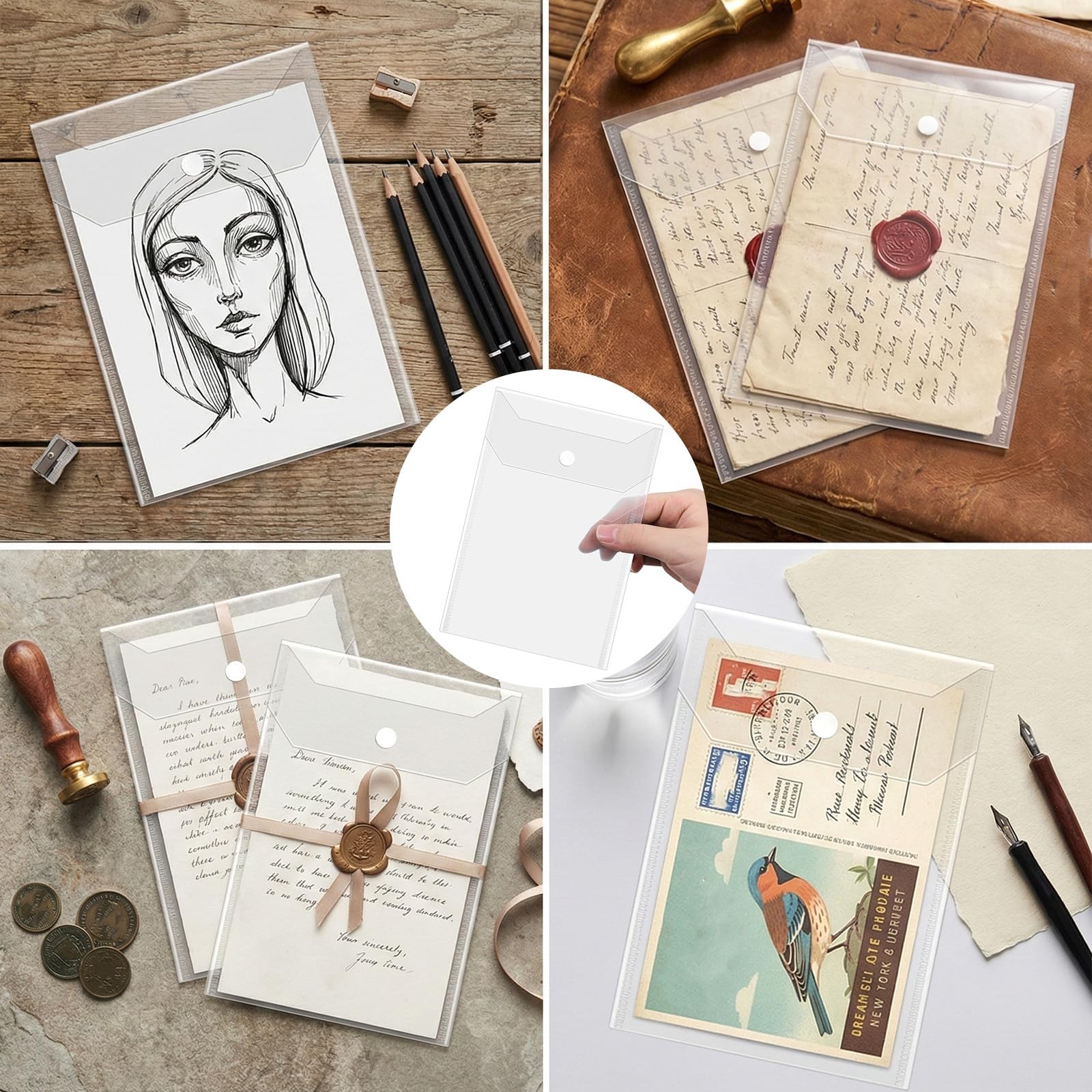 10 Pcs 5×7 Plastic Envelopes with Snap Closure Waterproof Transparent