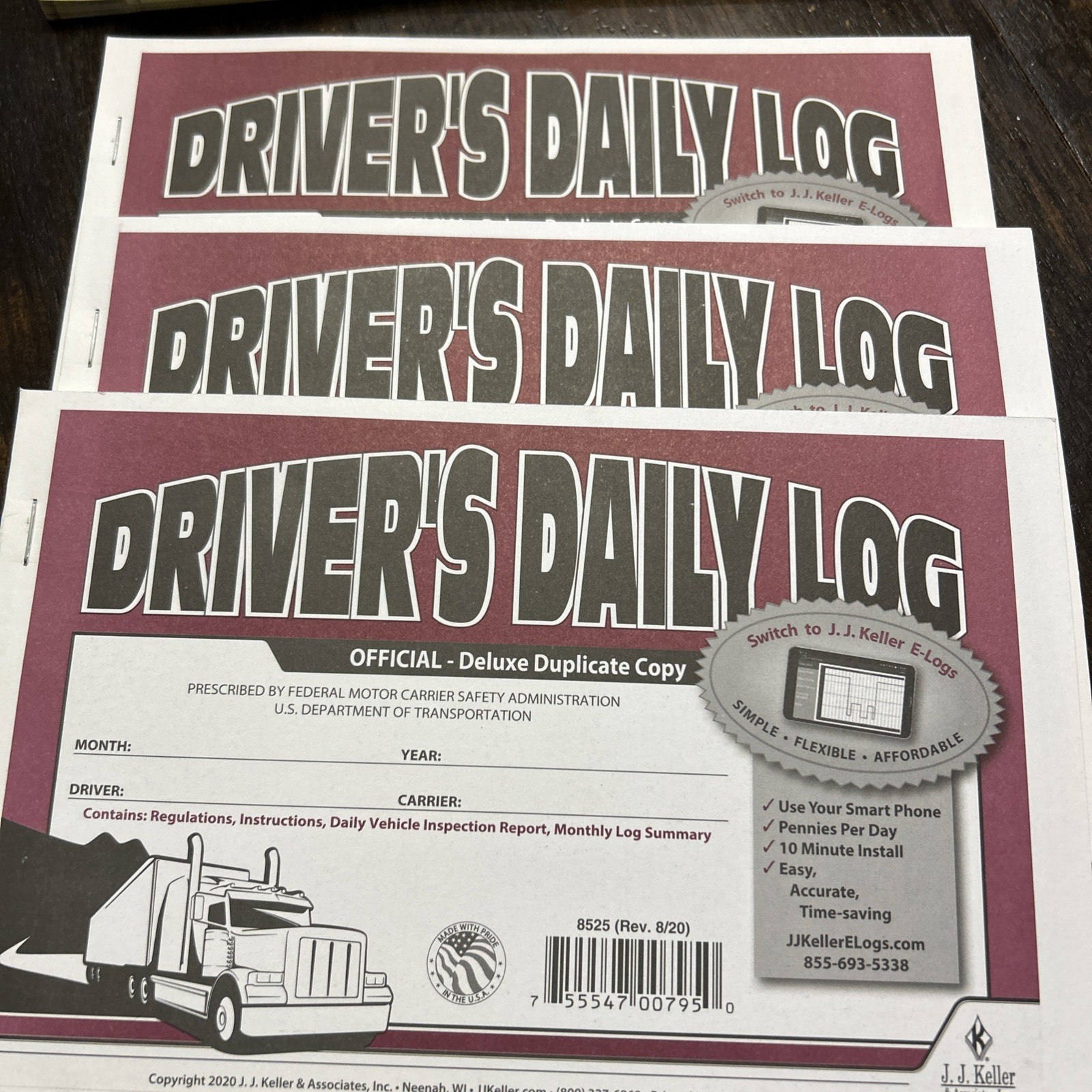 J.J. Keller & Keller Daily Log Duplicate With Carbons, 31 Sets/Book x3