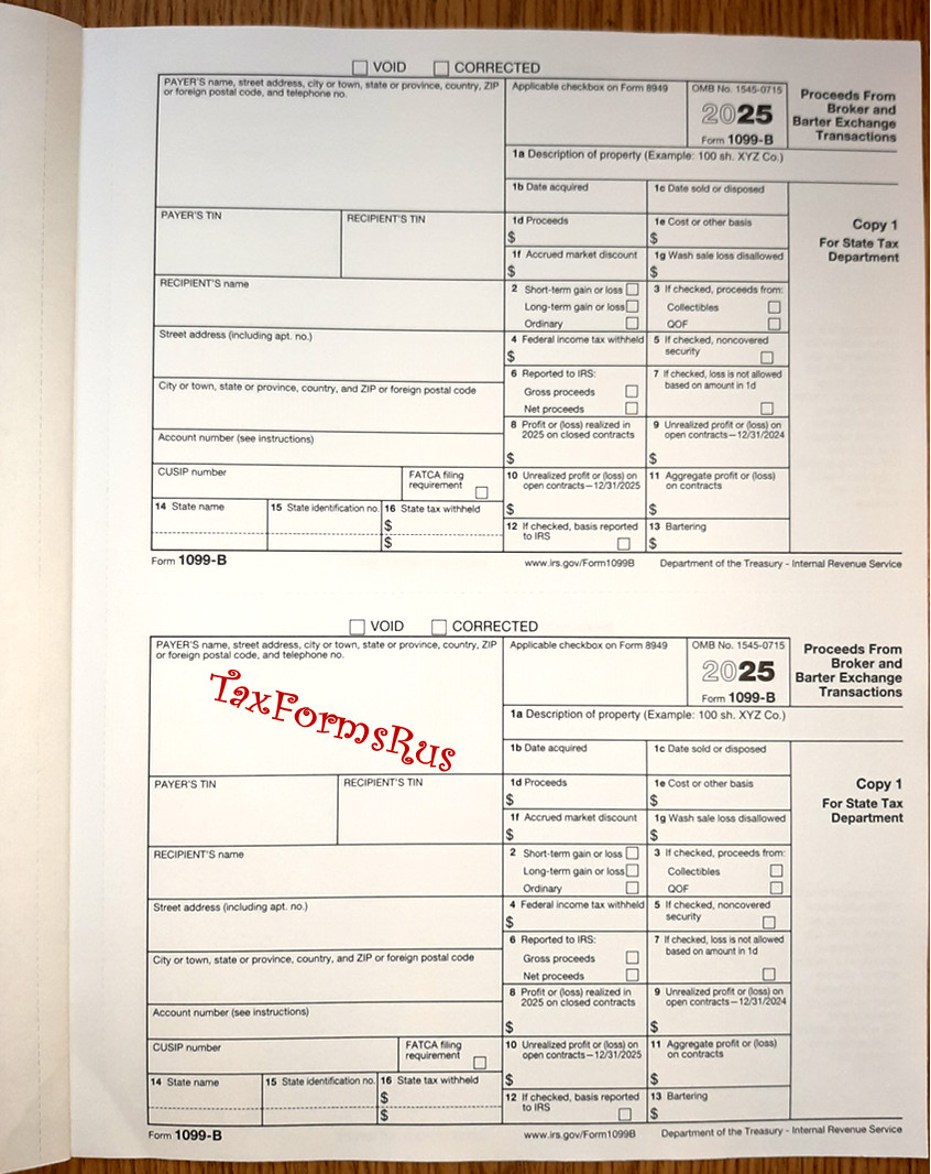 2025 IRS Tax Form 1099-B single sheet set for 2 recipients NONcarbonless 4pt 2up