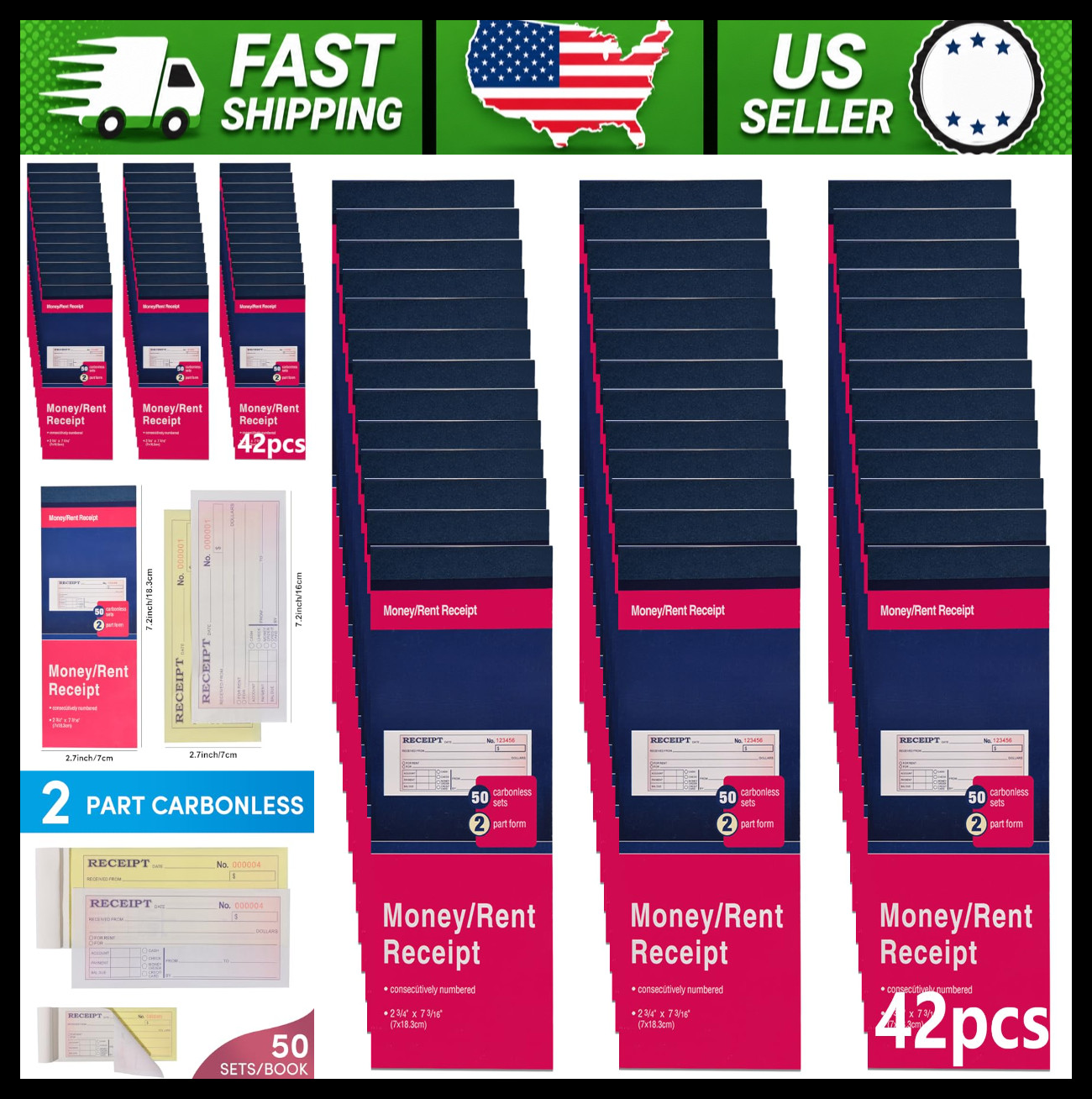 42 Pack Carbonless Receipt Books 2-Part 50 Sets Each for Small Business